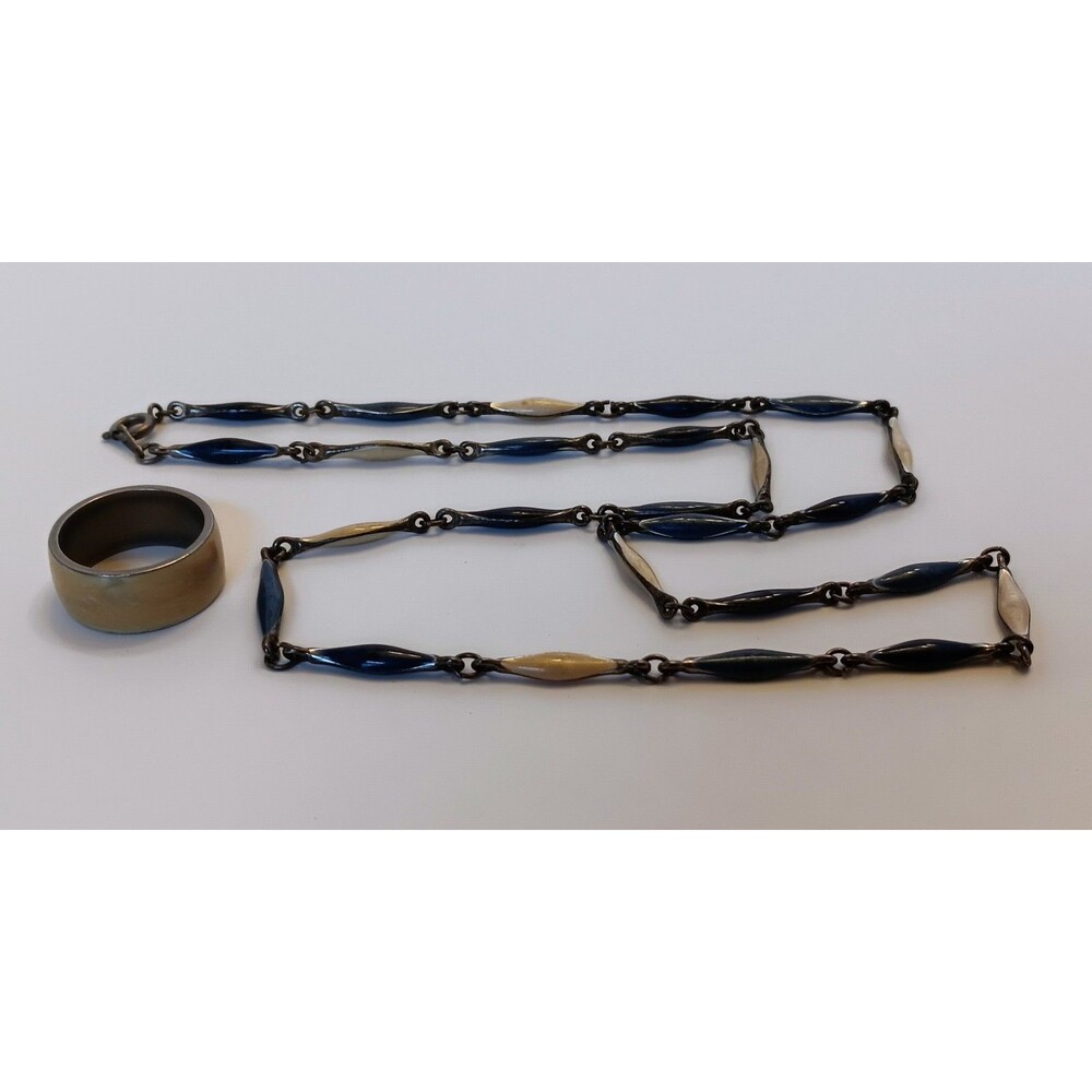 Vintage Silvertone Blue & Cream Enamel Necklace & Ring Set 23 in / Size 7.5 ring